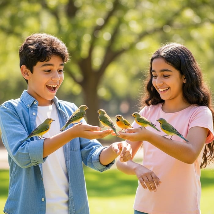 Enchanting Scene: Kids Playing with Colorful Birds Enchanting Scene: Kids Playing with Colorful Birds