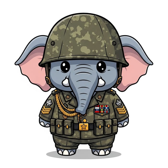 Cute Cartoon Elephant in Military Uniform
