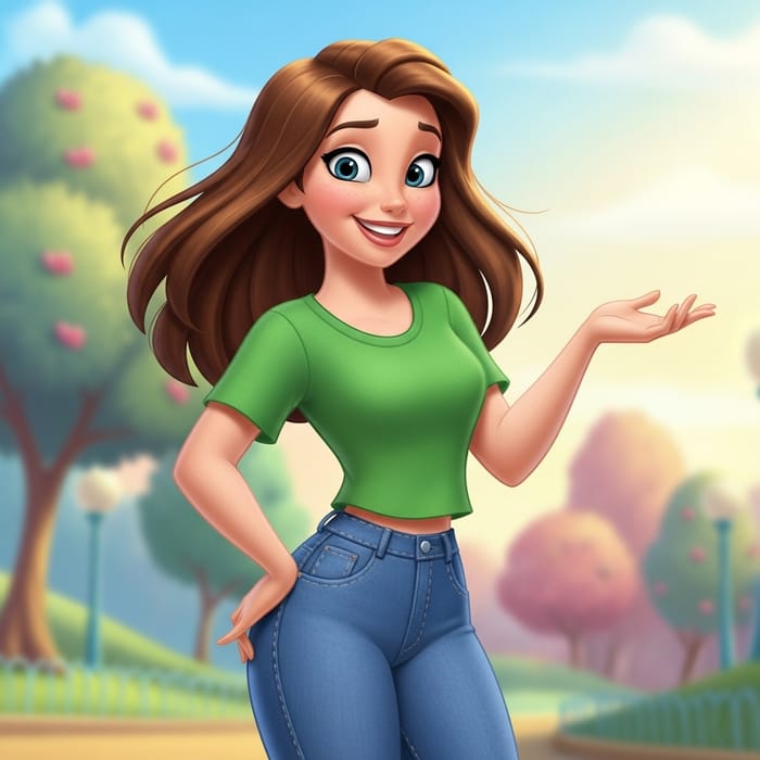Disney Style Woman in Green Tee, Jeans, Smiling Disney Style Woman in Green Tee, Jeans, Smiling