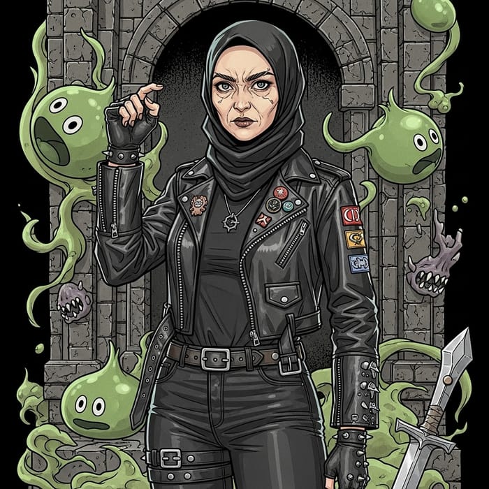 Anime-Inspired Indonesian Muslim Woman in Rocker Outfit | Dungeon Fantasy Art