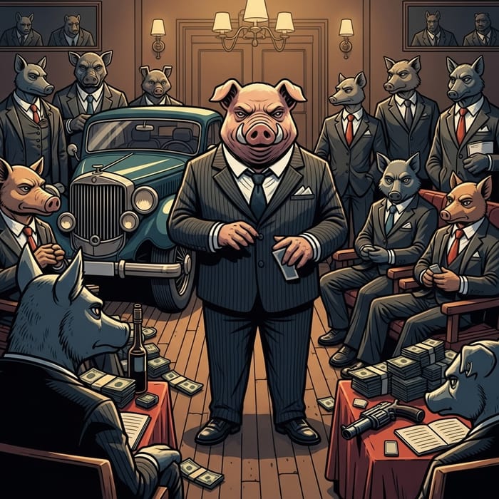 Animal Gangster Pig at Underground Meeting Scene Animal Gangster Pig at Underground Meeting Scene