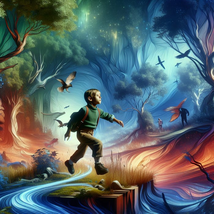 Vivid Imagination: Young Boy Explores Mystic Forest in Vibrant Colors