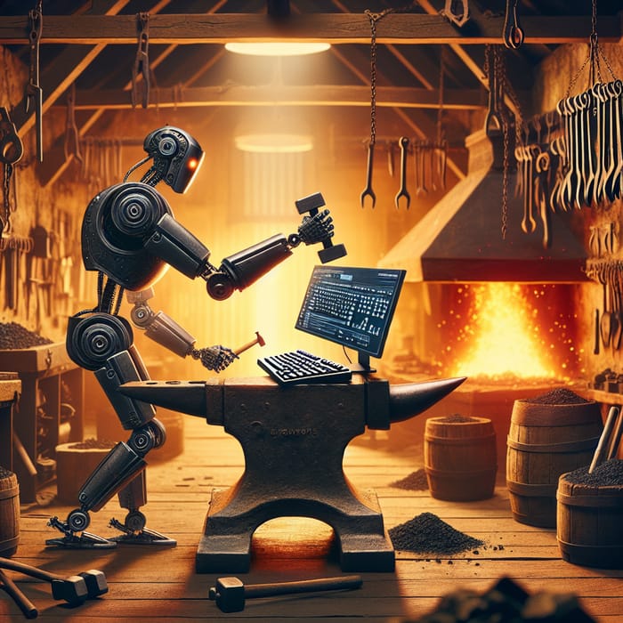 Sleek Modern Robot in Dimly-Lit Blacksmith Forge