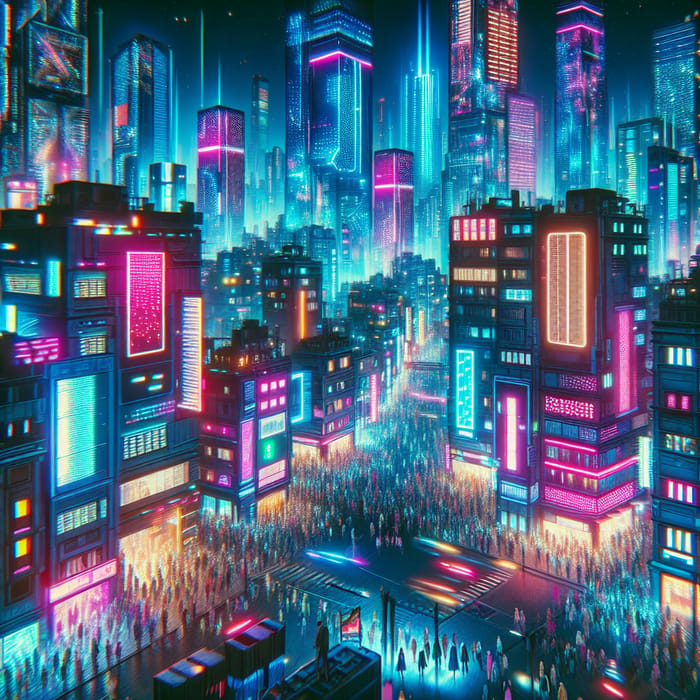 Futuristic Cyberpunk Cityscape with Vibrant Neon Colors and Bustling Crowds