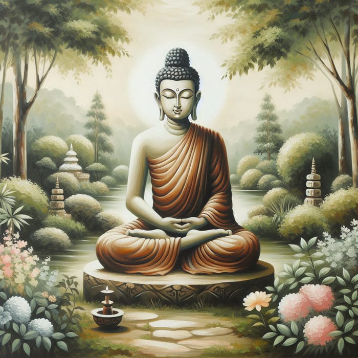 Tranquil Buddha Meditating in Lush Garden | Zen Art Influence