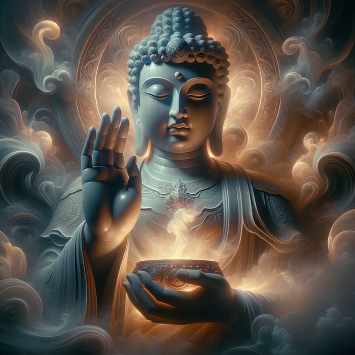 Serene Buddha Statue Amid Soft Hues and Incense Smoke