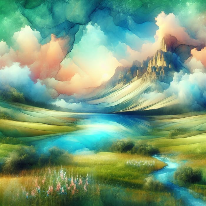 Beautiful Watercolor Landscape with Mountain Range and River