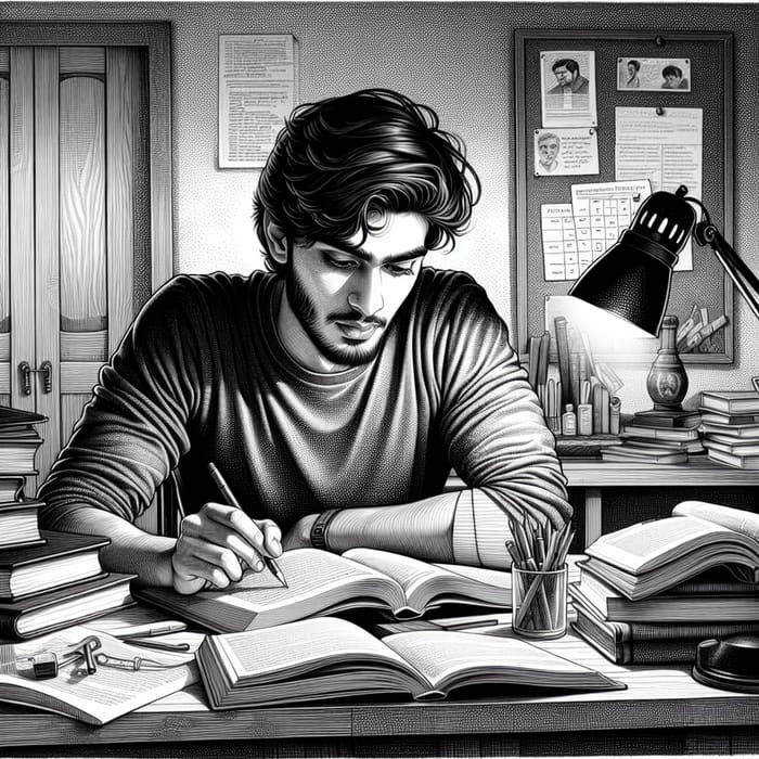 Black and White Drawing of a Young Man Studying