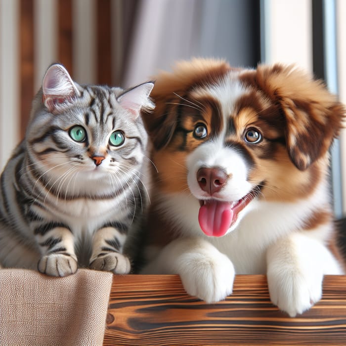 Playful Grey Cat and Friendly Dog Encounter on Wooden Ledge