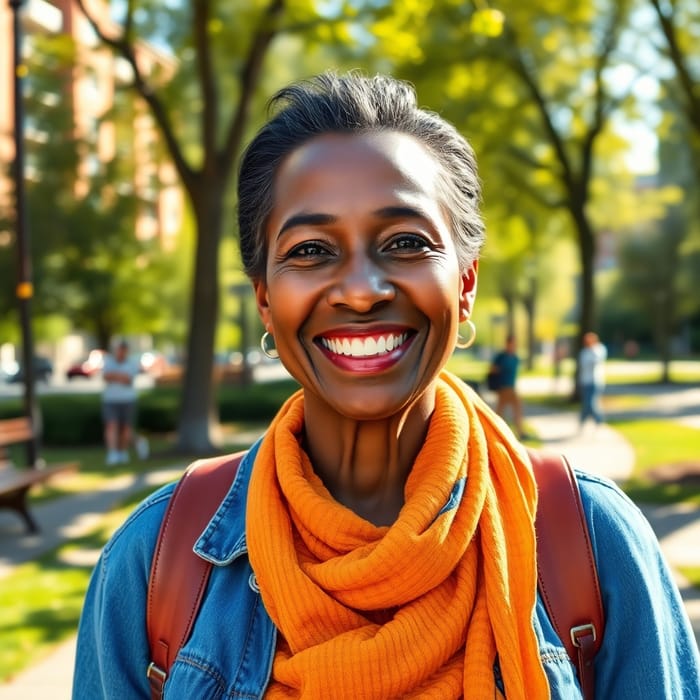 Joyful Portrait of a 63-Year-Old Model in Urban Park