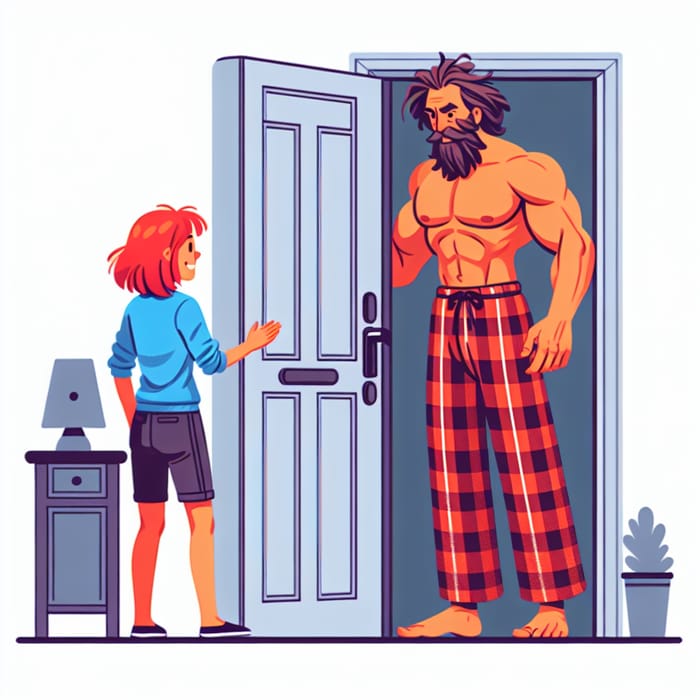 At the Door: Tall Man in Pajama Pants Welcomes Red-Haired Woman