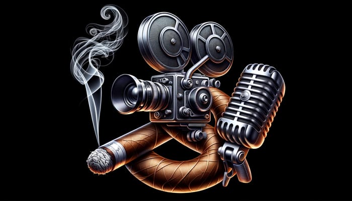 Realistic Cinema Camera, Cigar & Podcast Microphone Logo Design