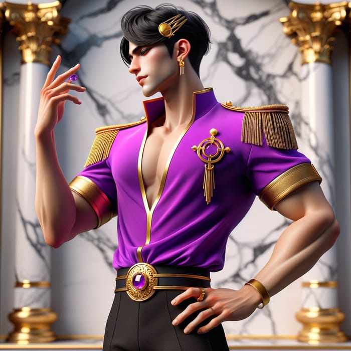 Luxury Soldier-Inspired Character | Stylish Purple V-Neck | Gold Choker | Black Shorts