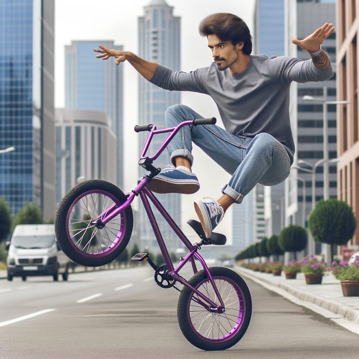 Hispanic Man Riding Purple Bicycle Doing Wheelie