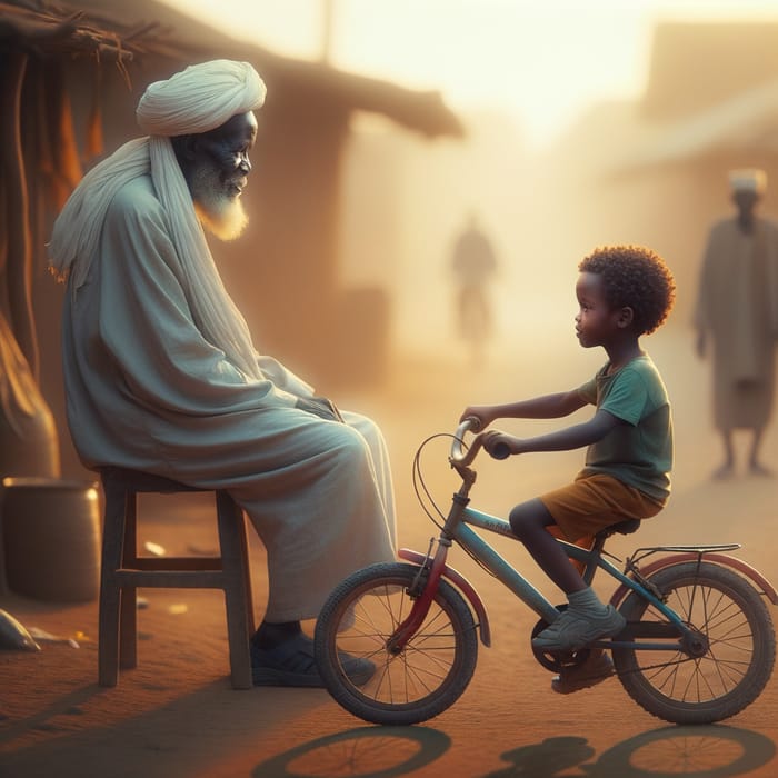 Sudanese 6-Year-Old Boy Riding Bicycle with Traditional Man in Morning Scene Sudanese 6-Year-Old Boy Riding Bicycle with Traditional Man in Morning Scene