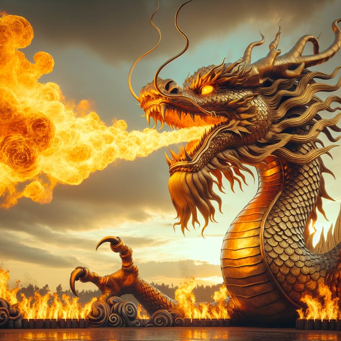 Majestic Golden Dragon Spewing Fire | Unleashing Flames