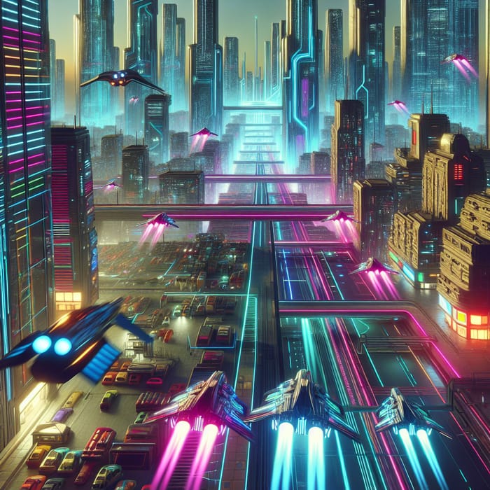 Dynamic Cyberpunk Cityscape with Flying Cars