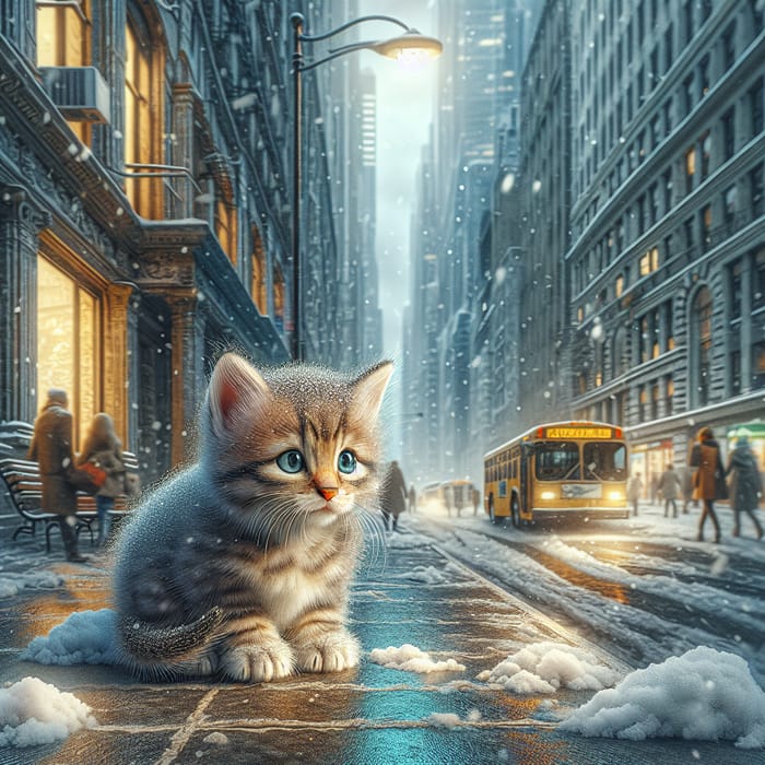 Adorable Kitten in Snowy City | Photorealistic Art