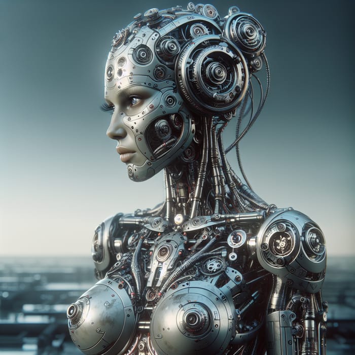 8K Precision Realism Art: Cyborg Woman in Complex Robotic Outfit