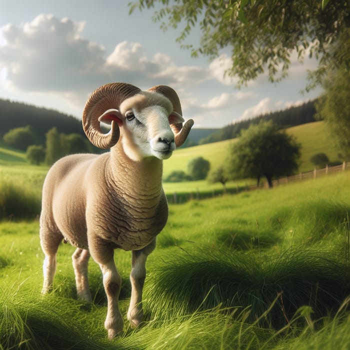 Stunning Adult Ram in Lush Green Pasture