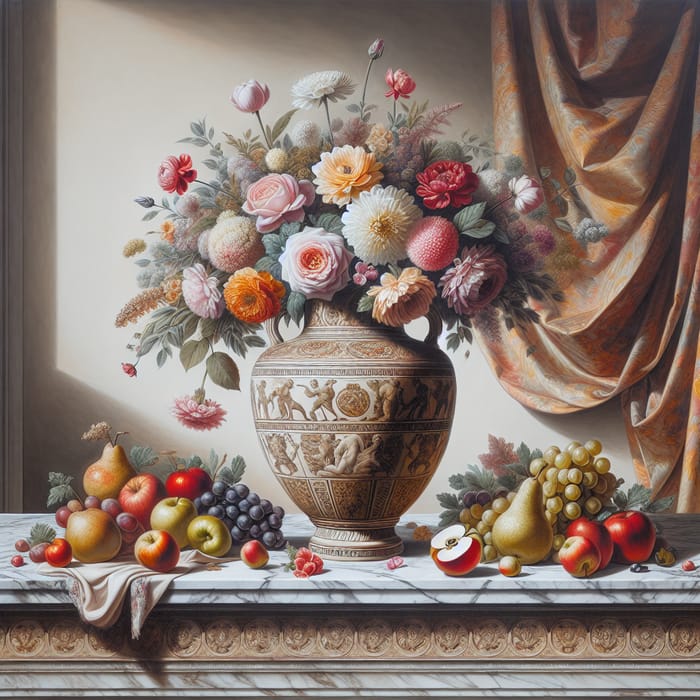 Roman Amphora with Intricate Floral Patterns and Fruits | Still Life Painting