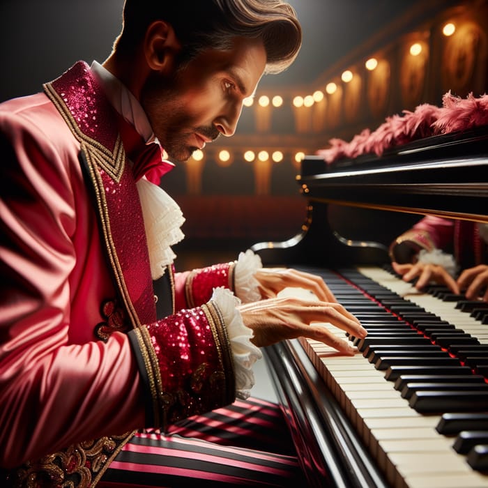 Dynamic Pianist in Stylish Pink & Red Suit