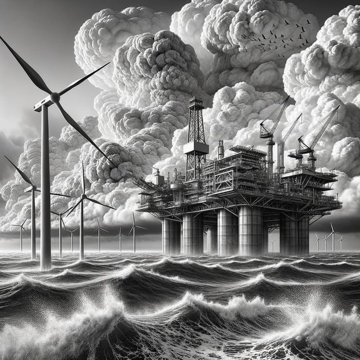 Oil Drilling Platform at Sea with Wind Turbine | High Contrast Scene