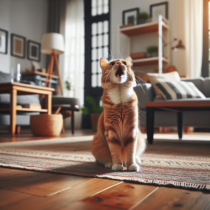 Cat Sitting in Spacious Living Room Meowing