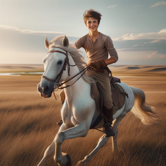 14-Year-Old Boy Riding Majestic White Horse in the Vast Steppe