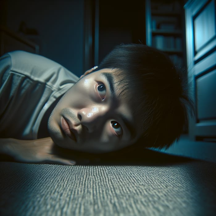 Asian Man Lying On Room Floor At Night With Wide Open Eyes