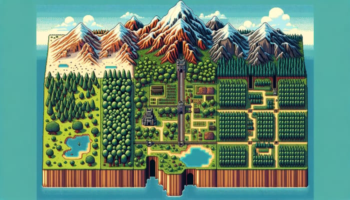 64 Bit Pixelated Level Selector Map: Plain, Forest, Mountains, Castle, Mine