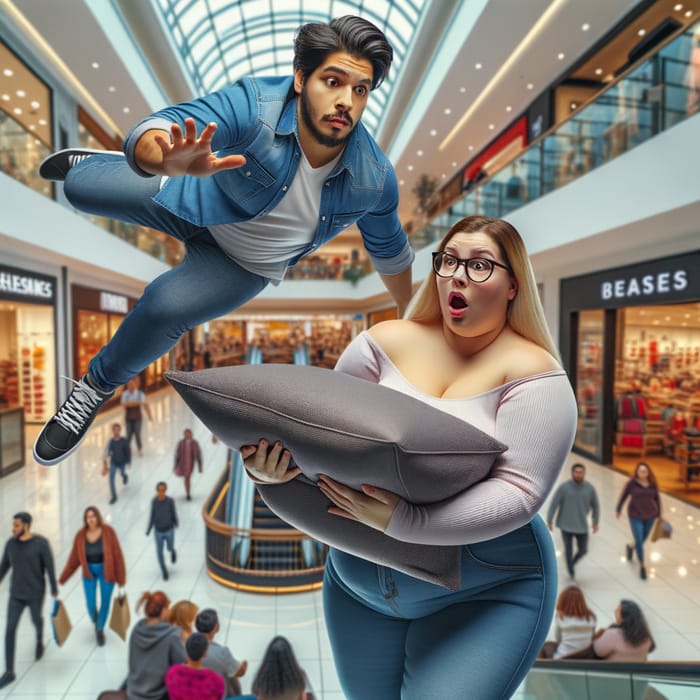 Unusual Encounter in a Mall: Man Falls onto Giant Woman's Bust