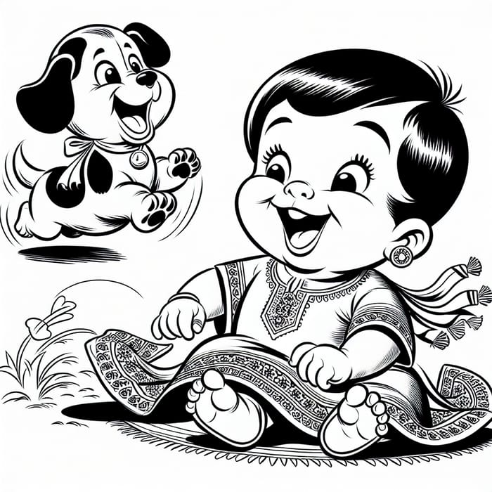 Adorable Baby and Playful Dog: Vintage Cartoon Coloring Model Sheet