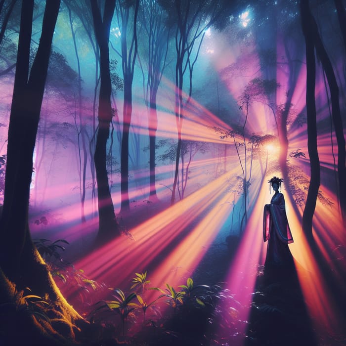 Ethereal Twilight Forest with Mysterious Figure | Pastel Colors