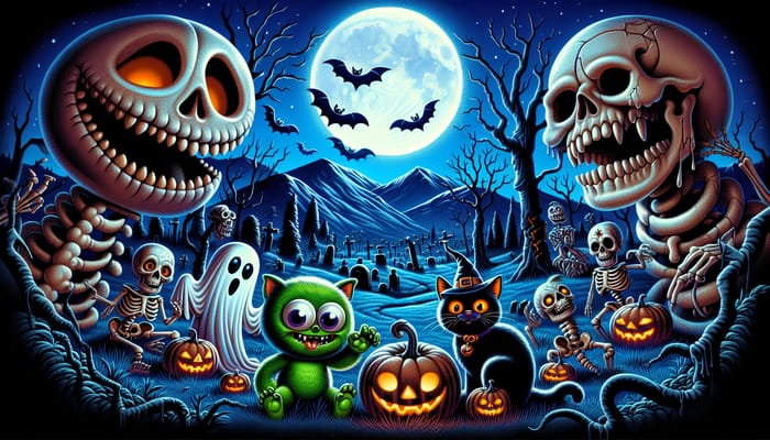 Fun Halloween Scene with Ghosts and Monsters