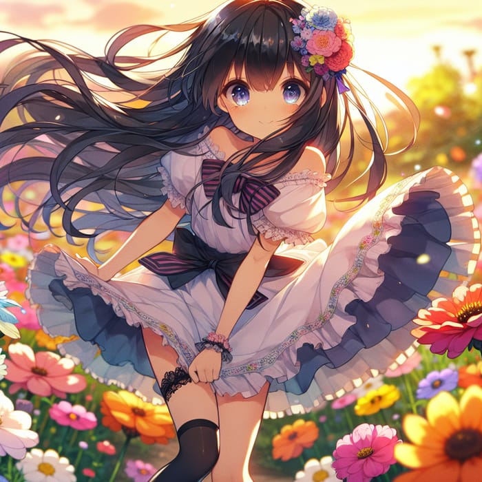 Ebony-Haired Anime Girl in Flower Field | Floral Beauty Scene