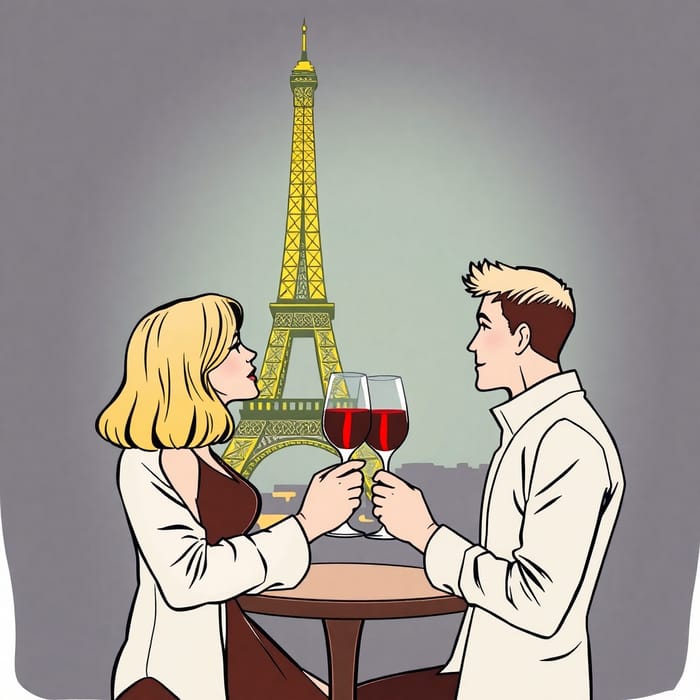 Romantic Couple Drinking Wine by the Eiffel Tower