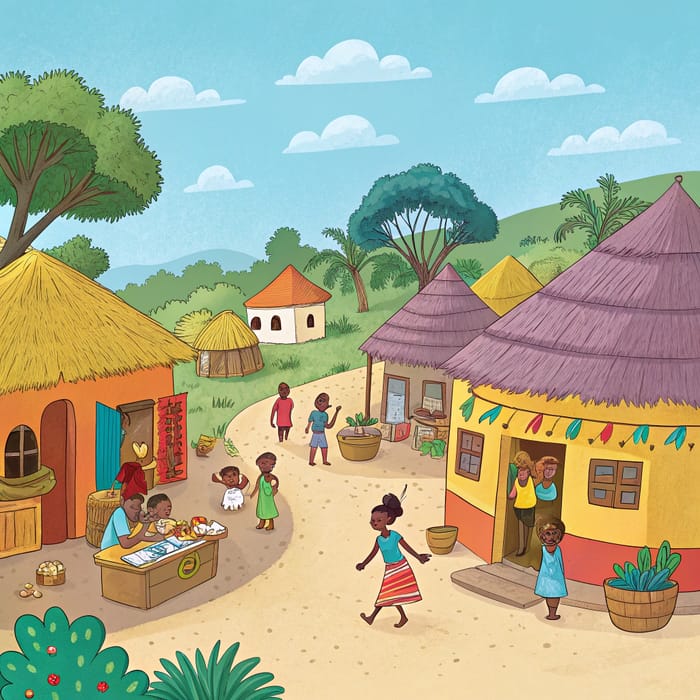 Vibrant Cartoon of an African Village