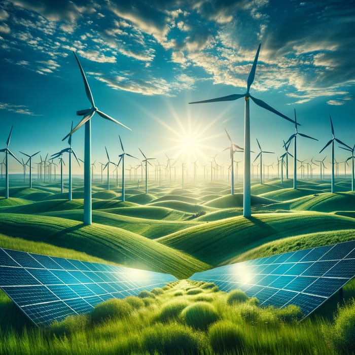 Wind Turbines and Solar Panels in Green Energy Landscape