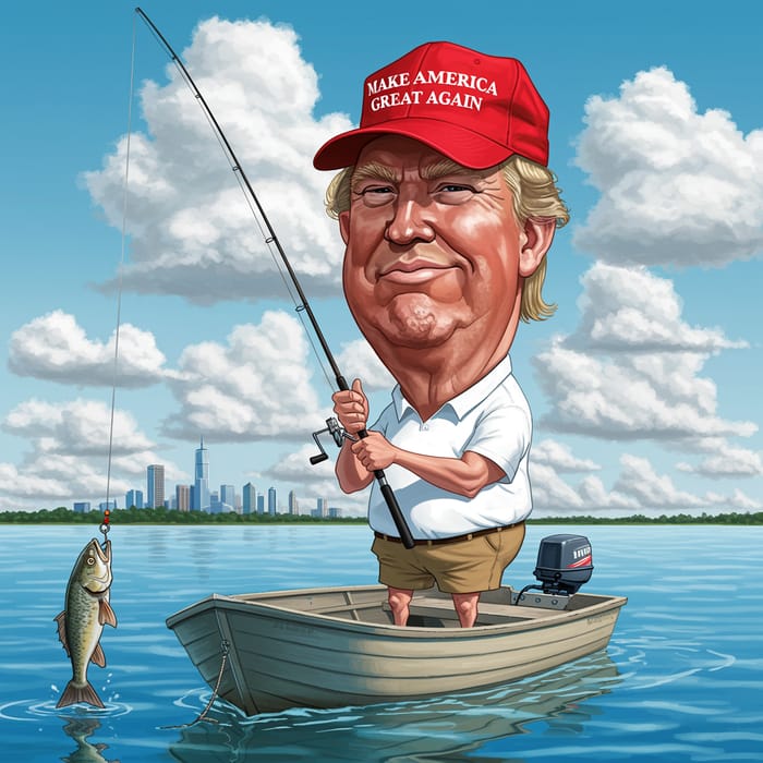 Donald Trump Fishing Caricature in a Small Boat