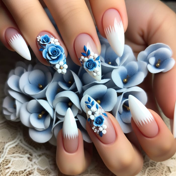 Elegant Almond-Shaped French Tip Nails with Blue Flowers