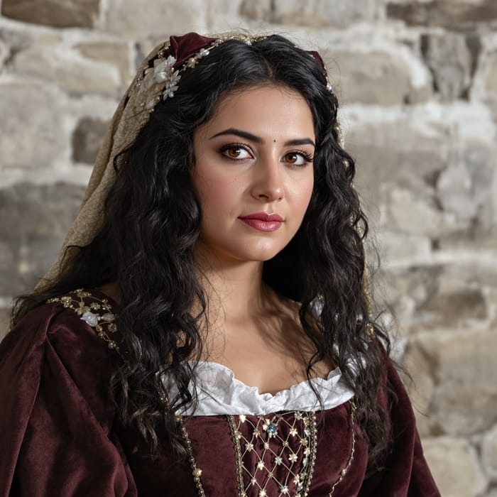 Medieval Girl with Long Wavy Hair and Brown Eyes