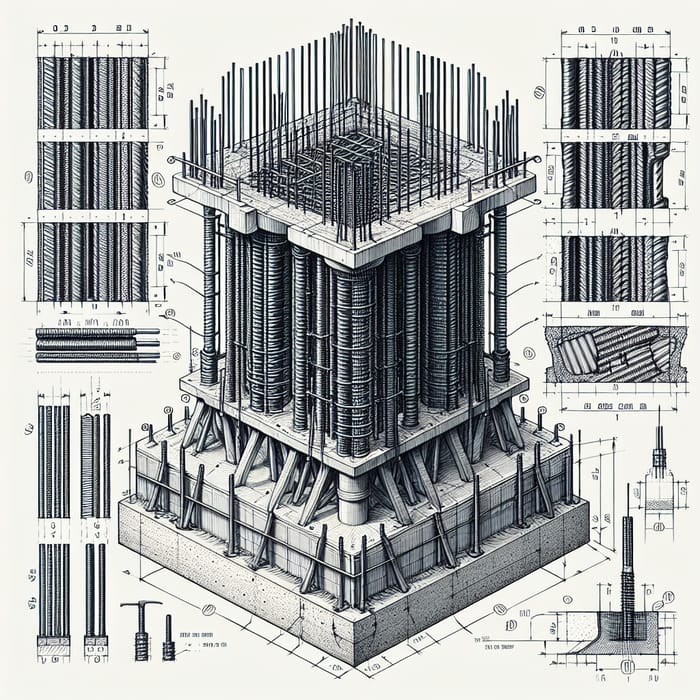 Column-Footing Details: Plan & Section View with Reinforcement Bars