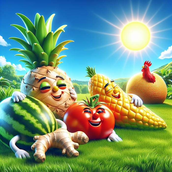 Cartoon Fruits and Veggies Relaxing in the Sun