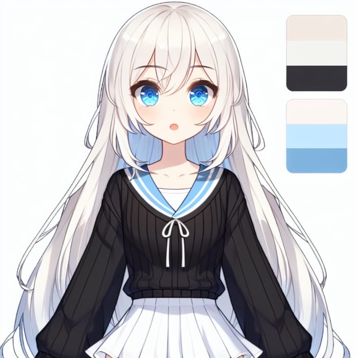 Girl with Long White Hair, Blue Eyes, Fair Skin in Black and Blue Sweater and White Miniskirt