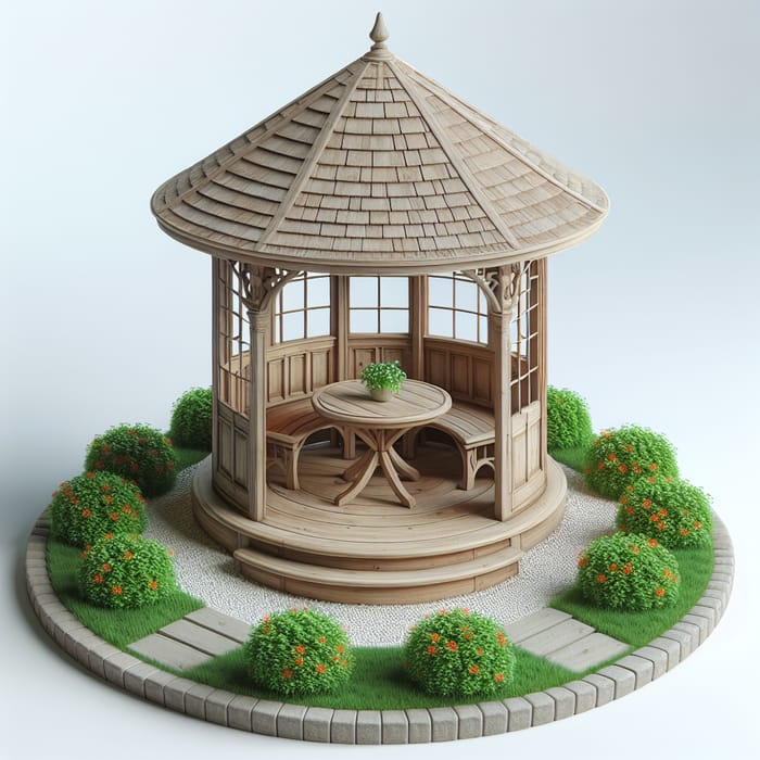 Small Circular Gazebo with Wooden Table & Greenery | Peaceful Retreat