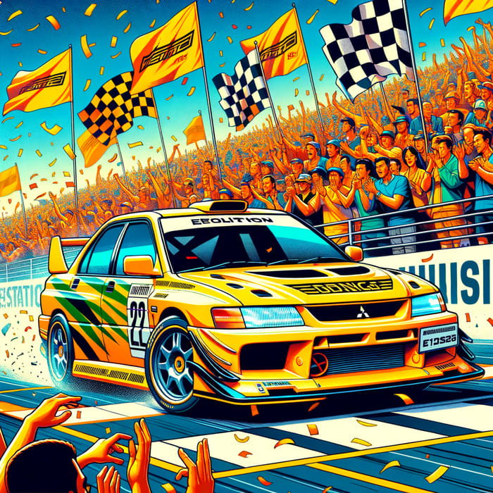 Yellow Mitsubishi Lancer Evo 3 Wins Piston Cup Race