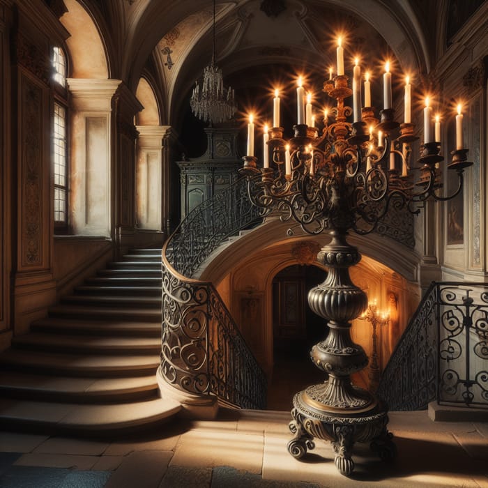 Candelabra on Staircase of Vintage Castle