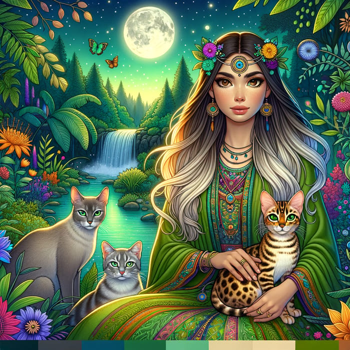 Enchantment in Lush Green Forest: Shaman, Cats, River & Moon