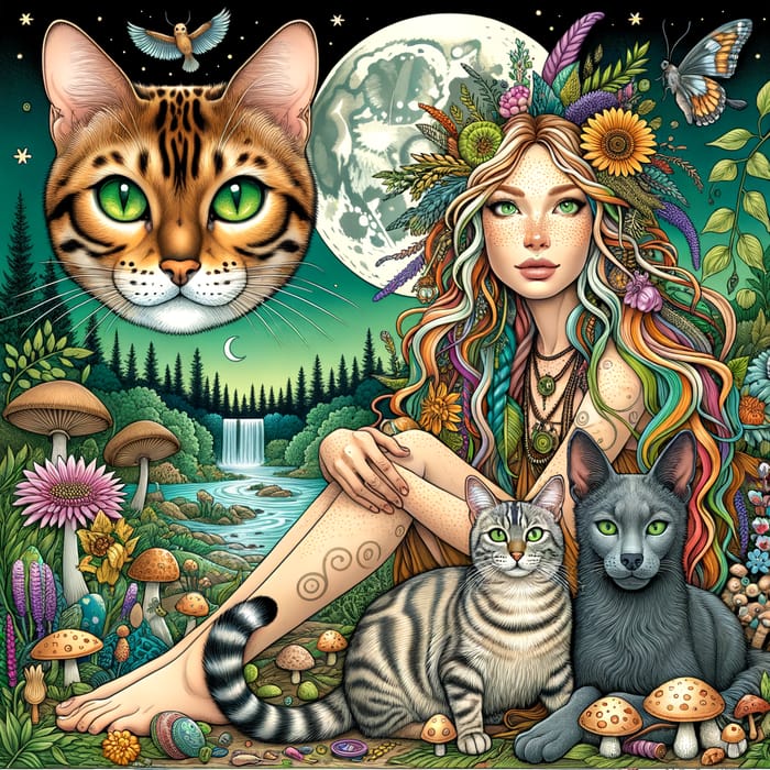 Enchanting Scene: Golden Bengal Cat, Shaman Woman, Animals in Nature